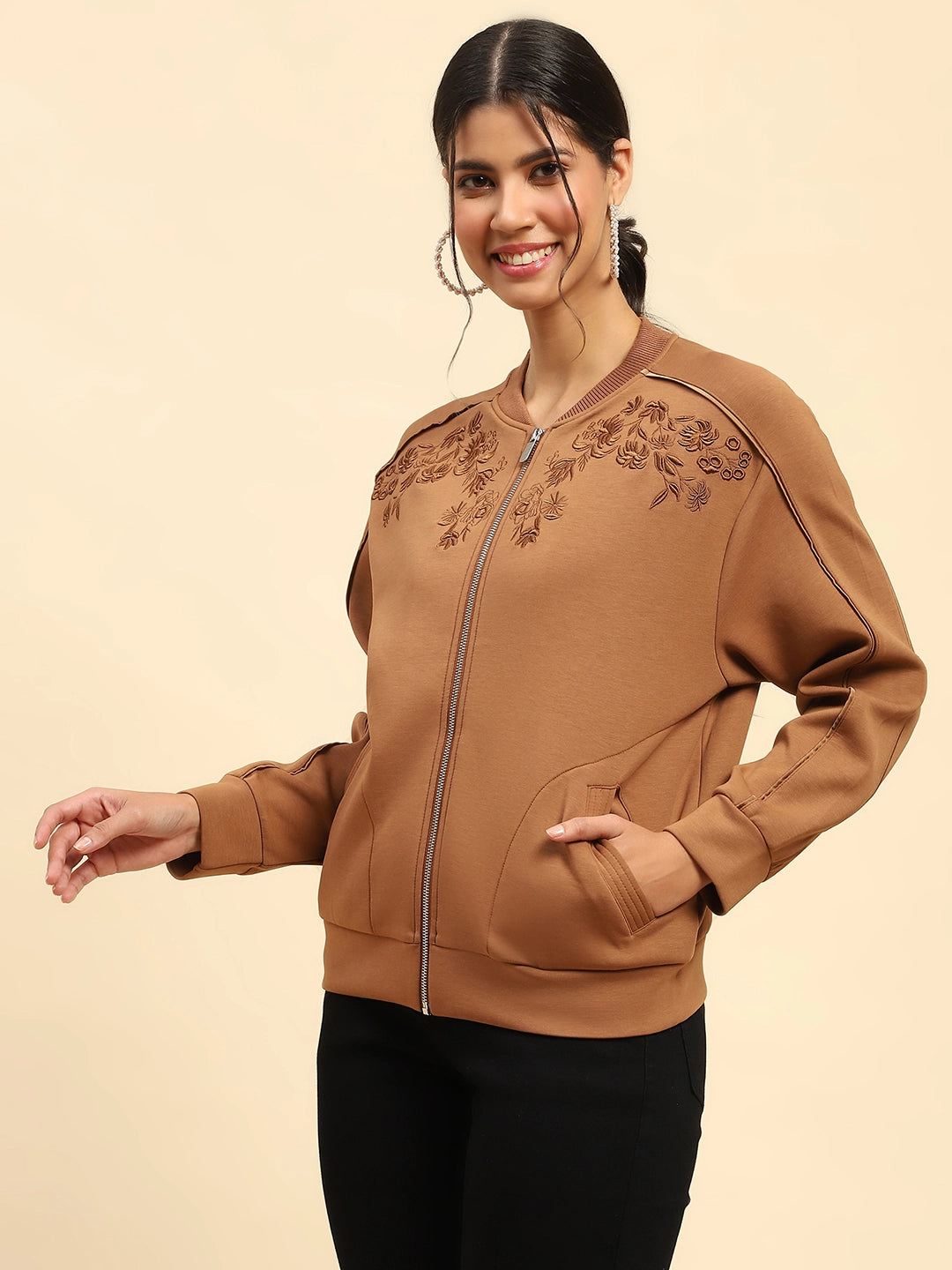 Tan Embroidered Poly Blend Relaxed Fit Sweatshirt