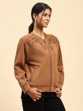 Tan Embroidered Poly Blend Relaxed Fit Sweatshirt