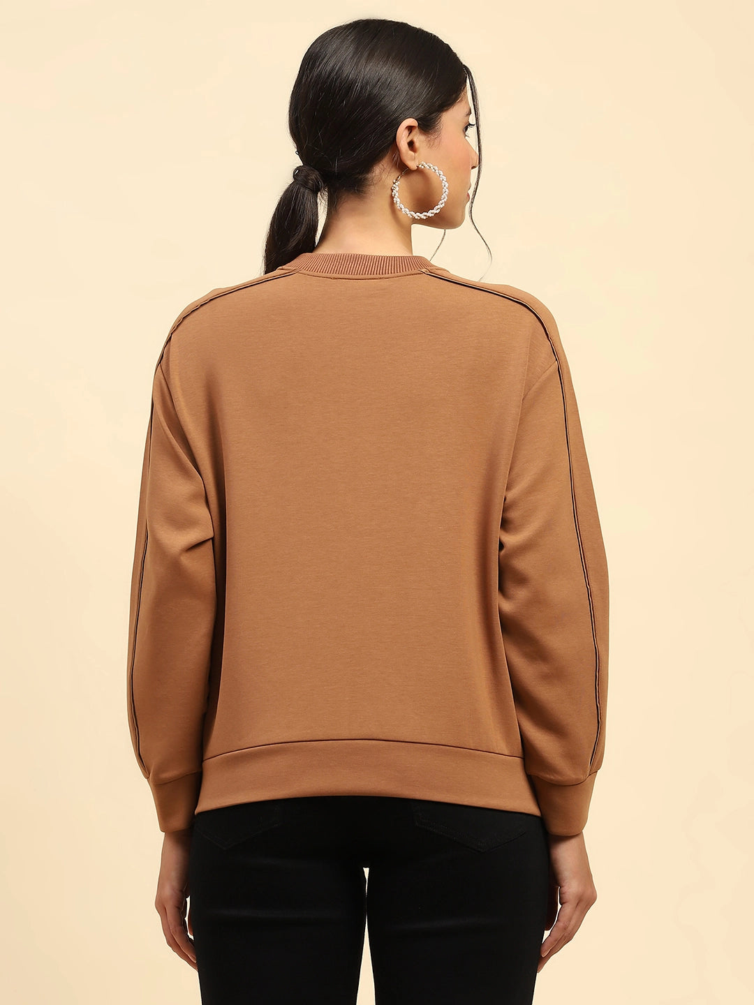 Tan Embroidered Poly Blend Relaxed Fit Sweatshirt