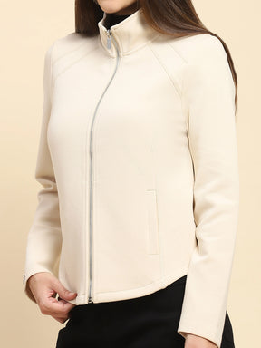 Cream Poly Blend Solid Relaxed Fit Sweat Shirt