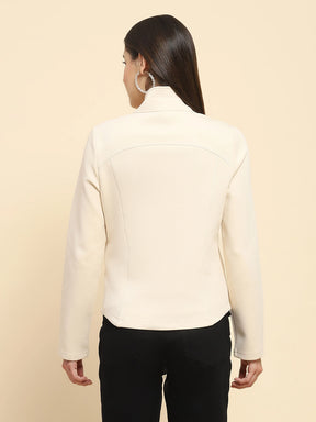 Cream Poly Blend Solid Relaxed Fit Sweat Shirt