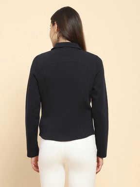 Navy Blue Poly Blend Solid Relaxed Fit Sweat Shirt