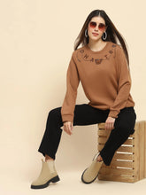 Brown Poly Blend  Embroidered Loose Fit Sweat Shirt