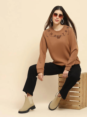 Brown Poly Blend  Embroidered Loose Fit Sweat Shirt