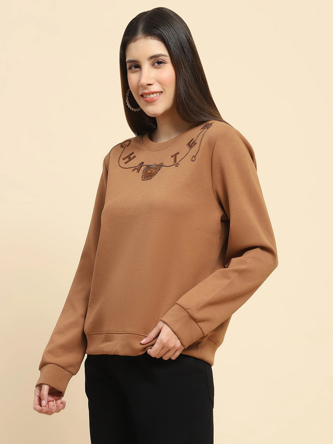 Brown Poly Blend  Embroidered Loose Fit Sweat Shirt