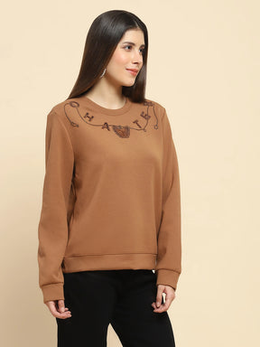 Brown Poly Blend  Embroidered Loose Fit Sweat Shirt