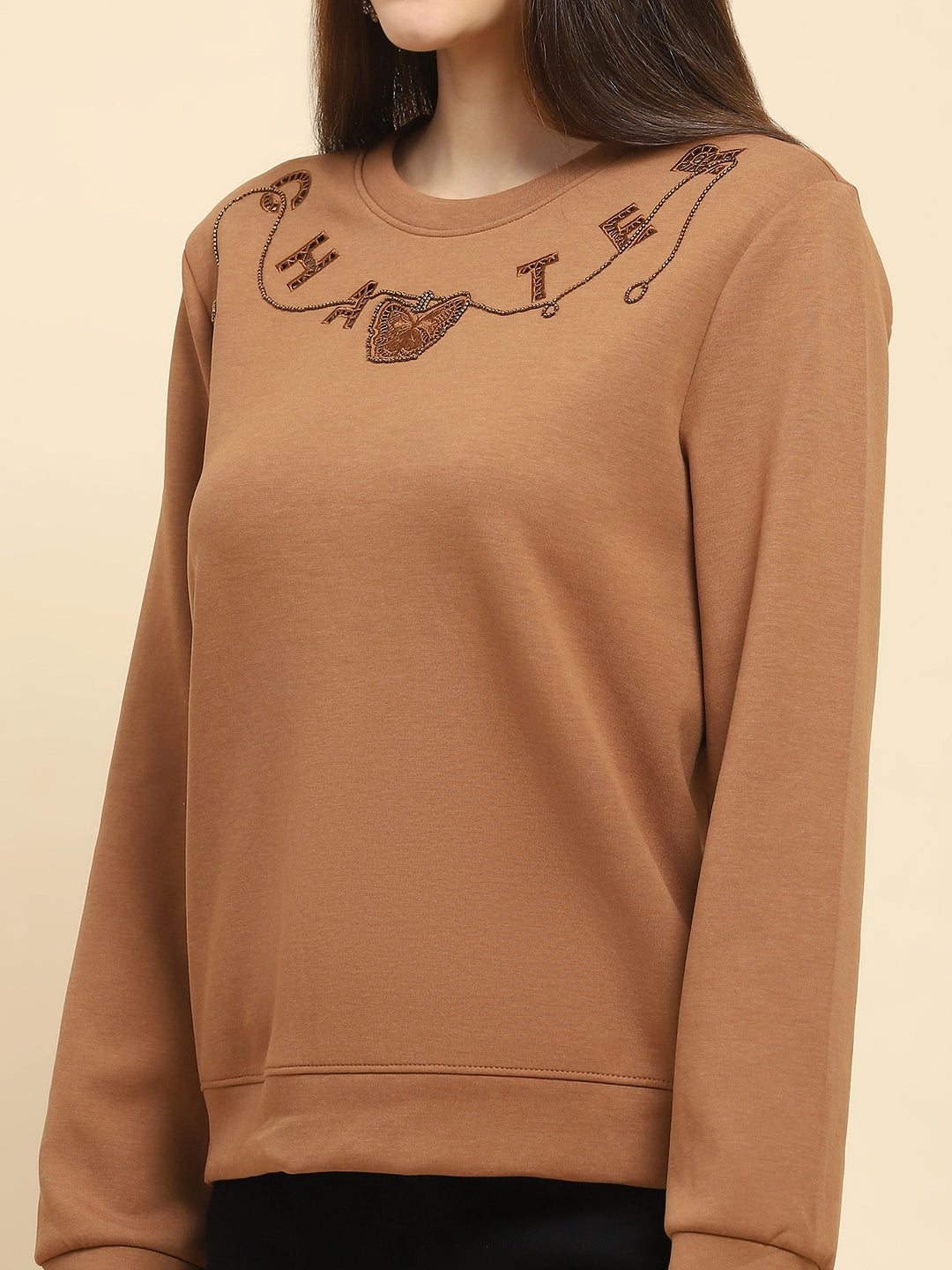 Brown Poly Blend  Embroidered Loose Fit Sweat Shirt