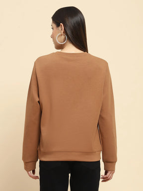 Brown Poly Blend  Embroidered Loose Fit Sweat Shirt