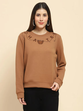 Brown Poly Blend  Embroidered Loose Fit Sweat Shirt