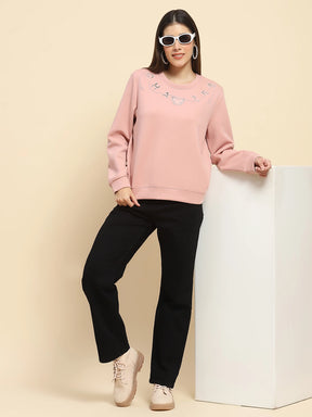 Pink Poly Blend  Embroidered Loose Fit Sweat Shirt