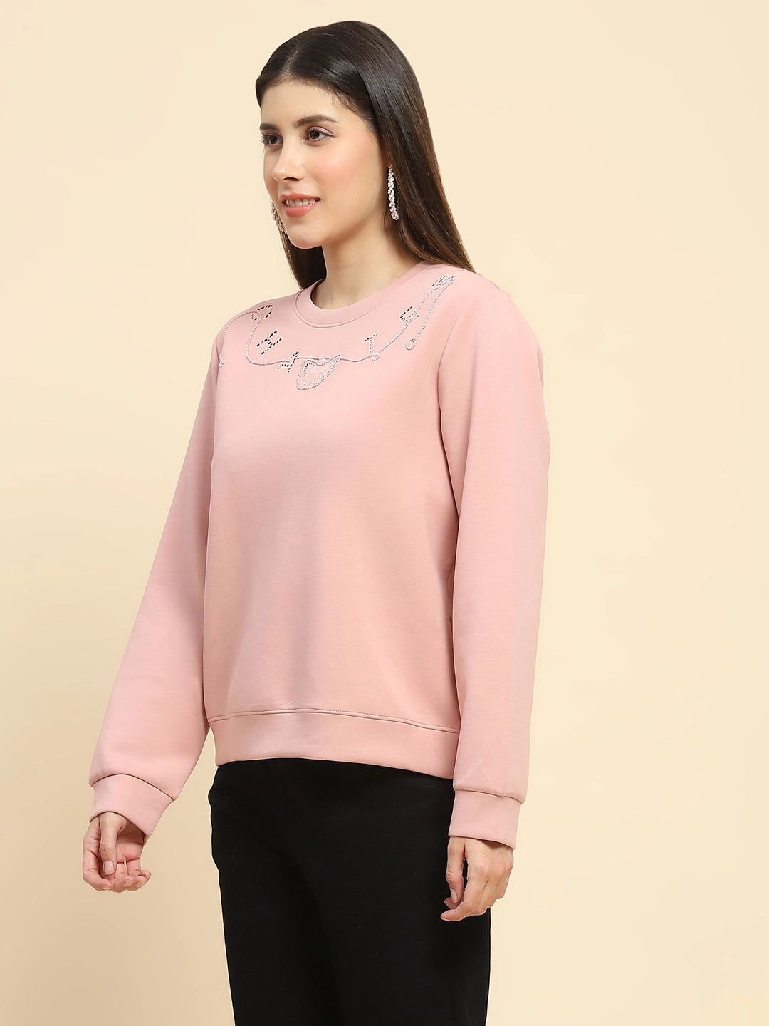 Pink Poly Blend  Embroidered Loose Fit Sweatshirt