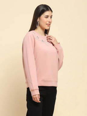 Pink Poly Blend  Embroidered Loose Fit Sweat Shirt