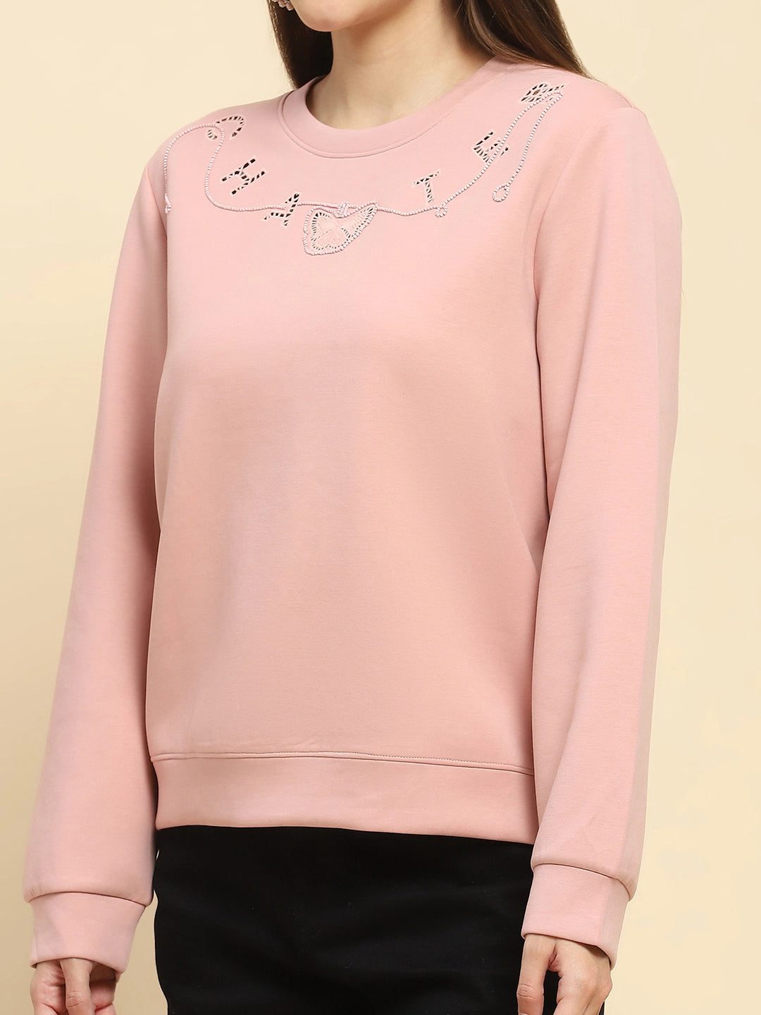 Pink Poly Blend  Embroidered Loose Fit Sweat Shirt