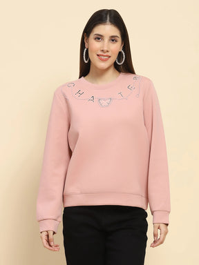 Pink Poly Blend  Embroidered Loose Fit Sweat Shirt