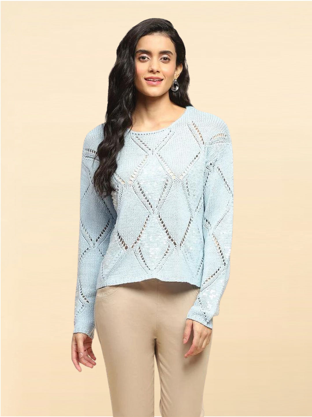 Blue Acrylic Relaxed Fit Pullover For Women