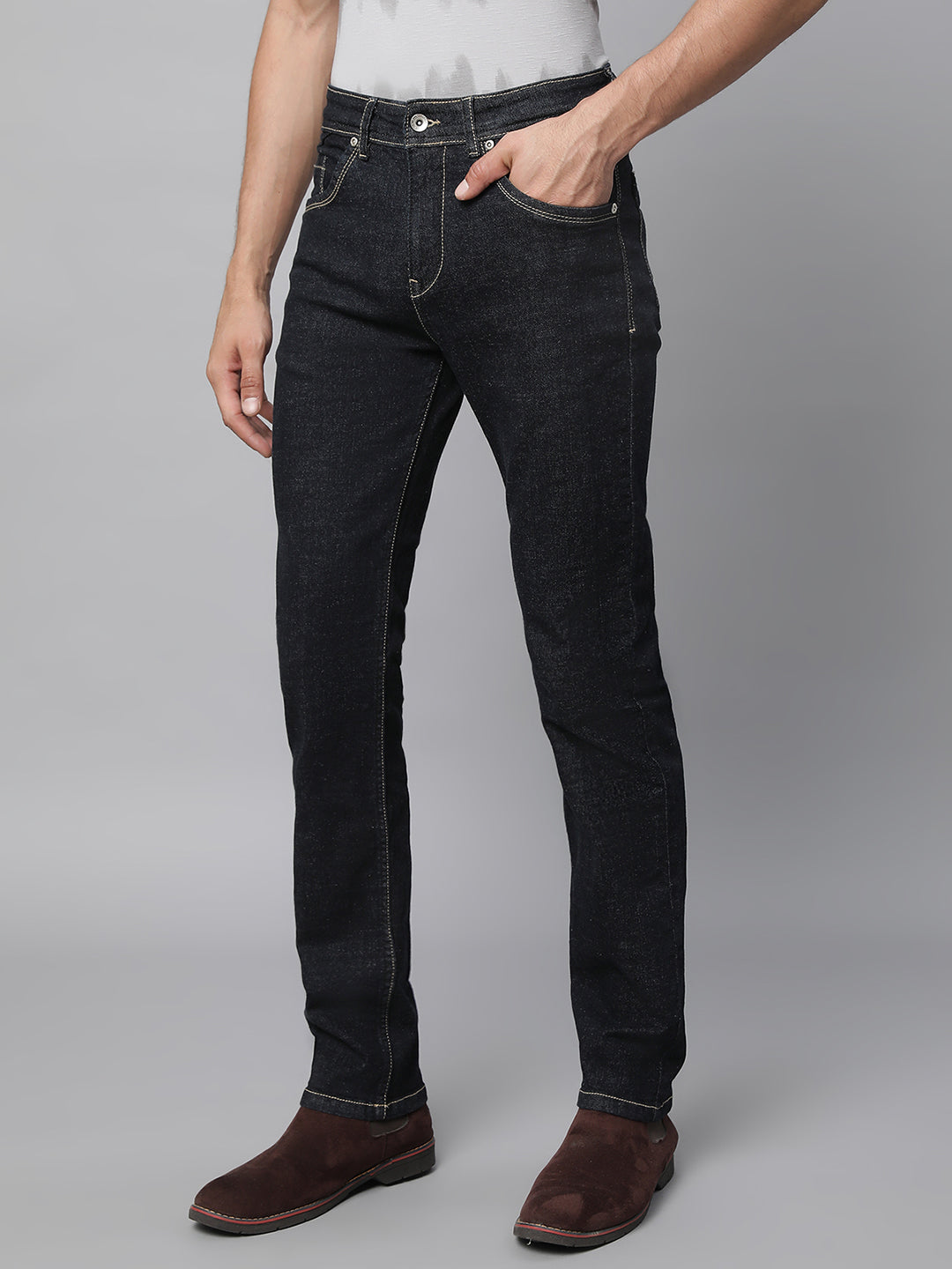 Mens Raw Black Cotton Solid Jeans