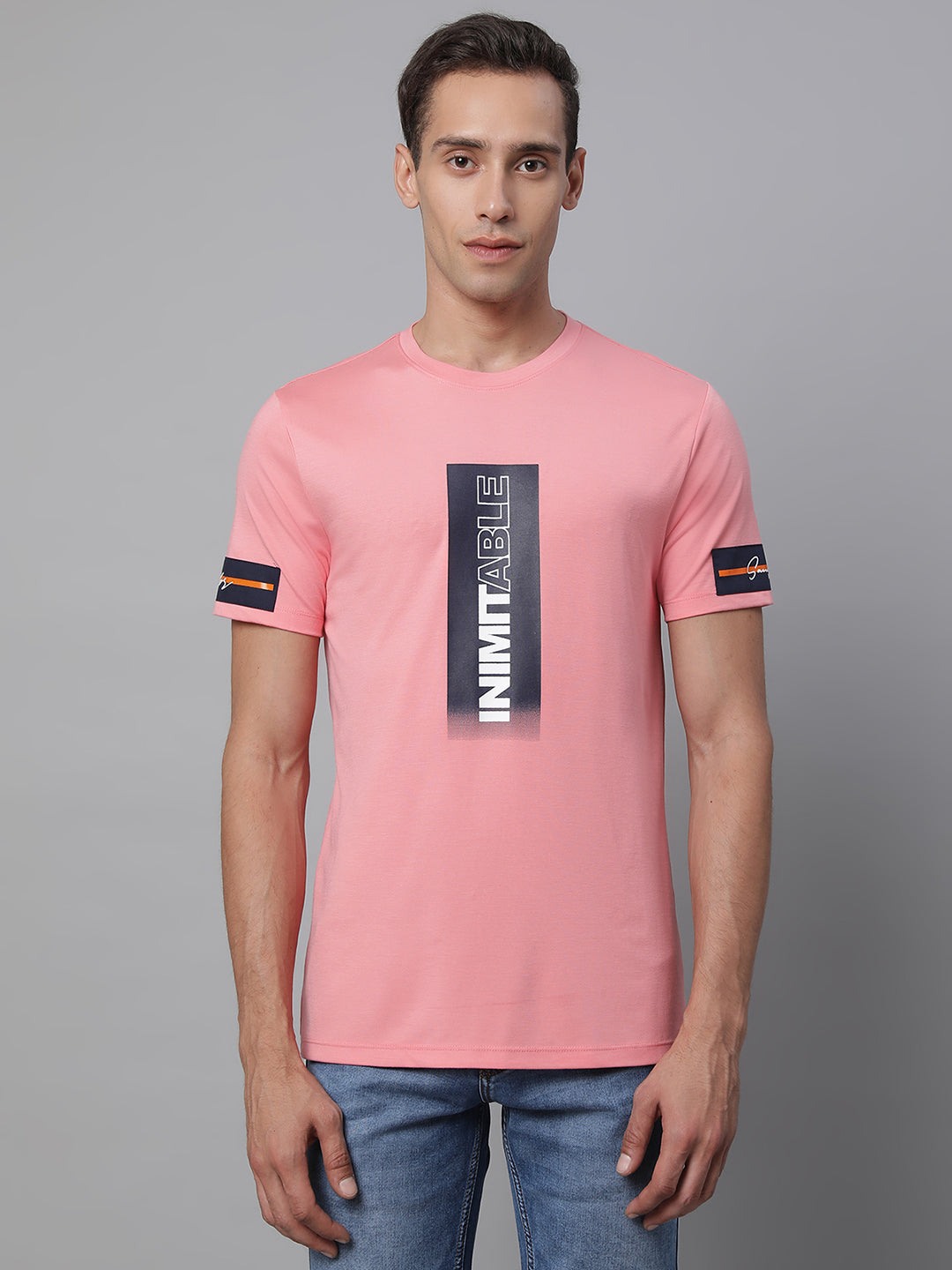 Mens Pink Round Neck Printed T-Shirt