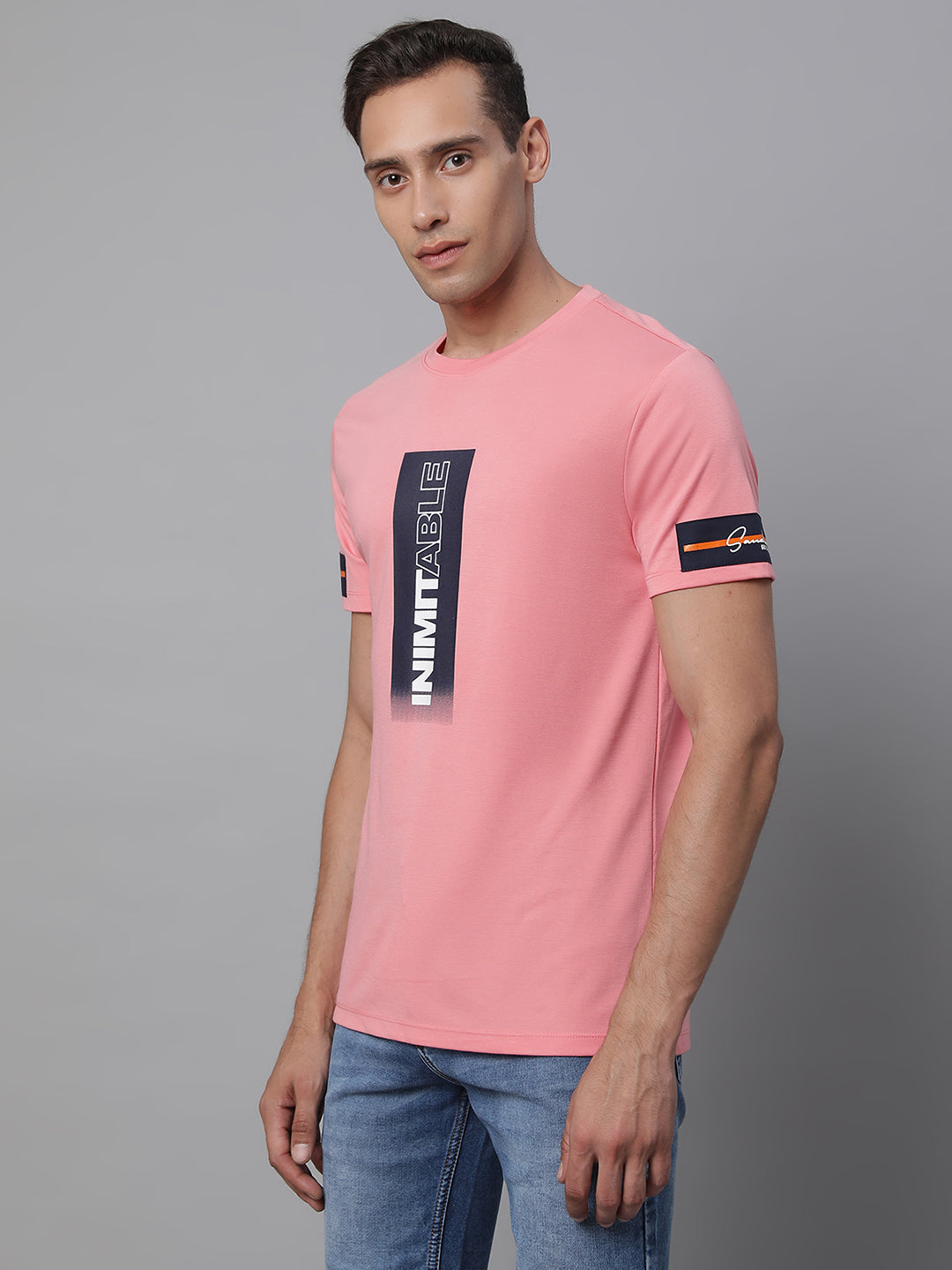 Mens Pink Round Neck Printed T-Shirt