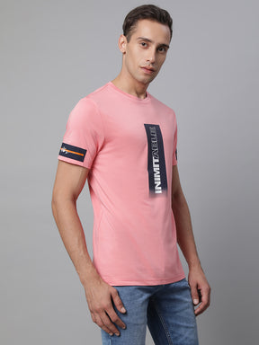 Mens Pink Round Neck Printed T-Shirt