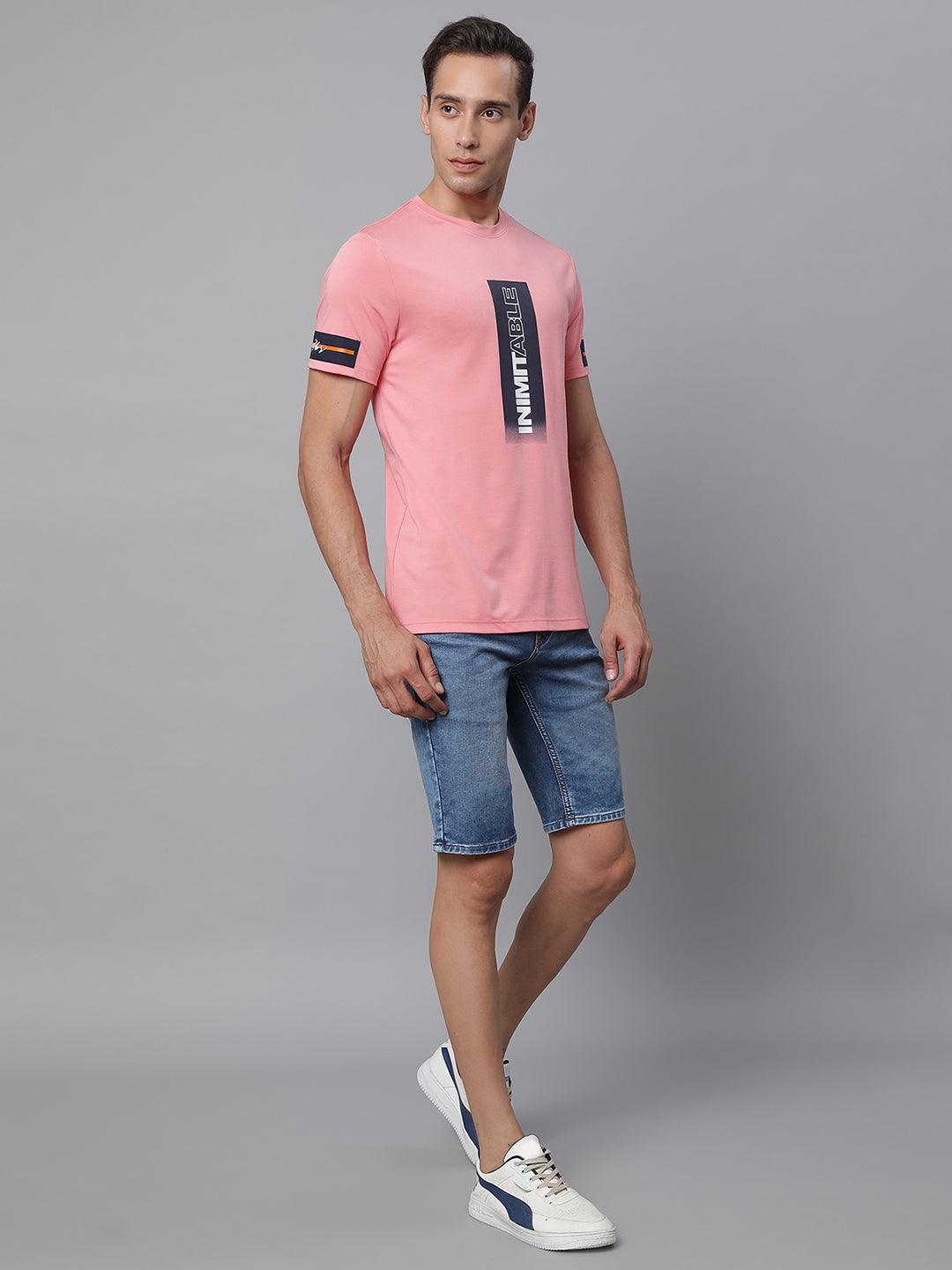 Mens Pink Round Neck Printed T-Shirt