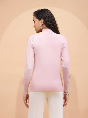 Women Pink Silver Turtle Neck Full Sleeve Snug Fit Skivvy