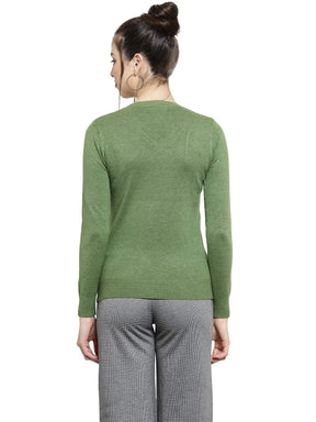 Women Olive V-Neck Full Sleeve Skivvy