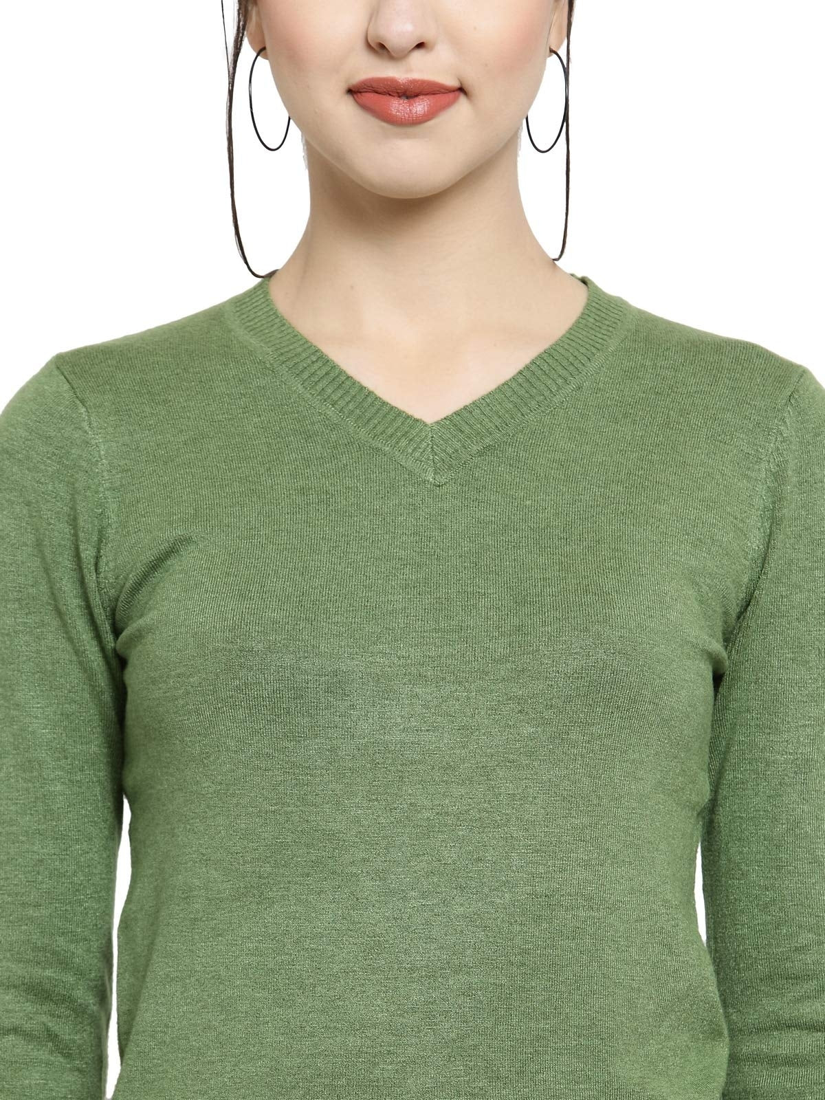 Women Olive V-Neck Full Sleeve Skivvy