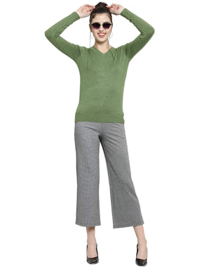 Women Olive V-Neck Full Sleeve Skivvy