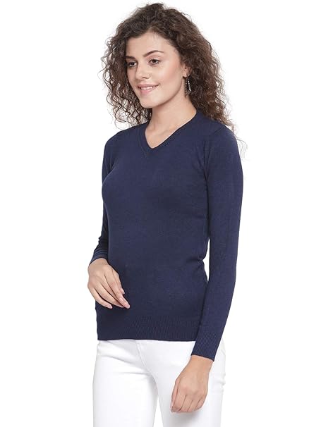 Women Navy Blue V-Neck Slim Fit Skivvy