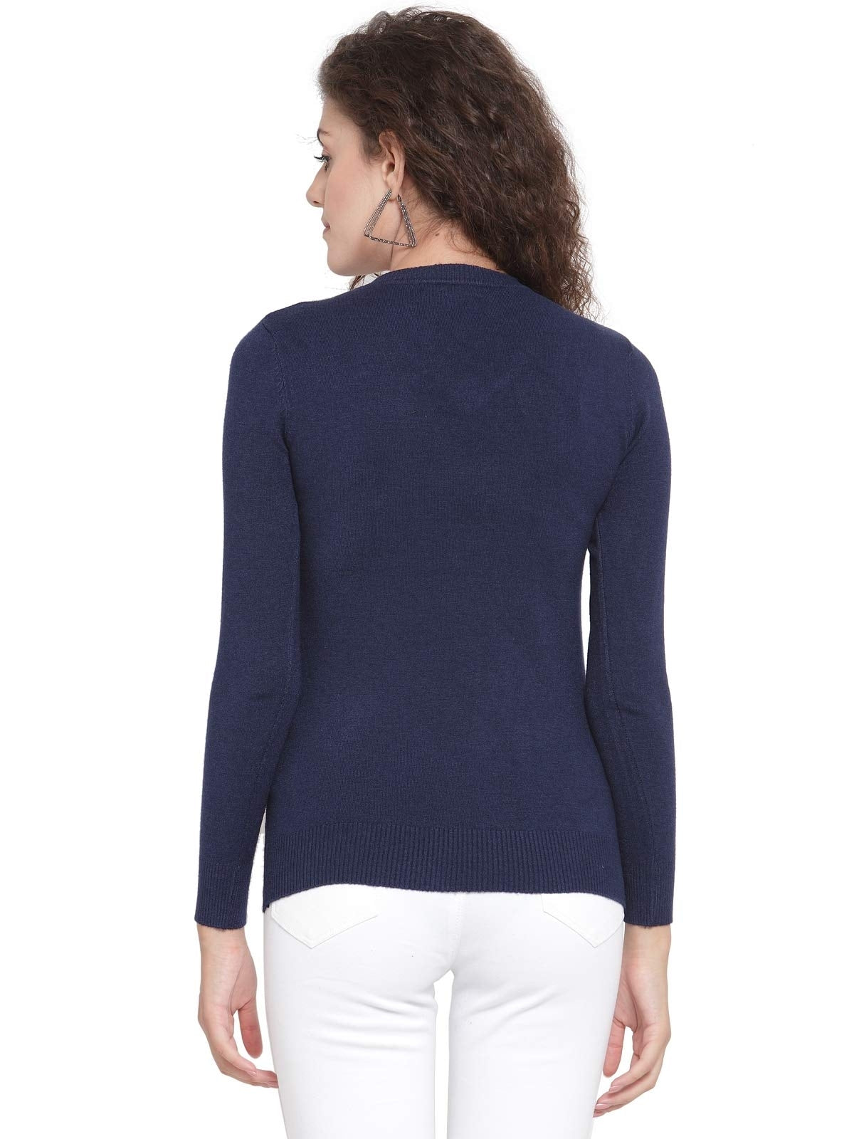 Women Navy Blue V-Neck Slim Fit Skivvy