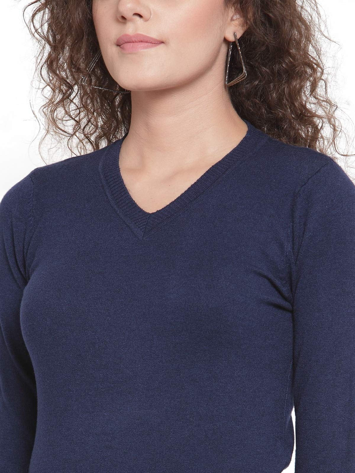 Women Navy Blue V-Neck Slim Fit Skivvy