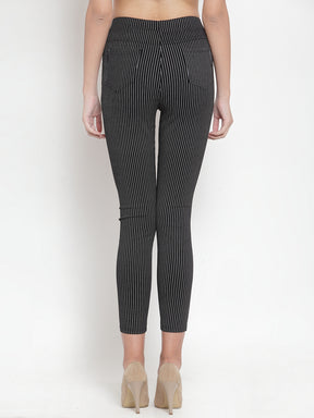 Women Black High-Rise Ankle Length Striped Stretchable Jegging