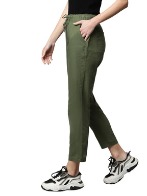 Olive Regular Fit Ankle Length Cotton Lower With Pockets