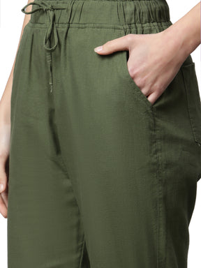 Olive Regular Fit Ankle Length Cotton Lower With Pockets