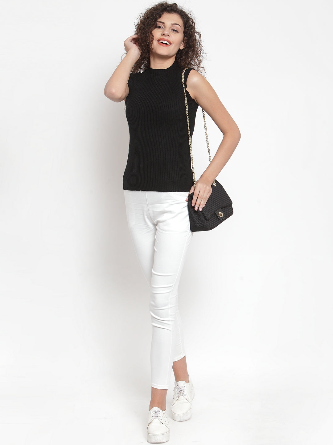 Women Black Slim Fit Sleeveless Skivvy