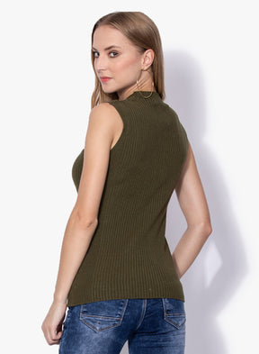 Women Olive Slim Fit Sleeveless Skivvy