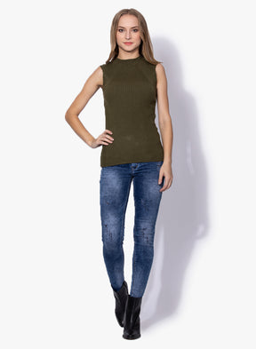 Women Olive Slim Fit Sleeveless Skivvy