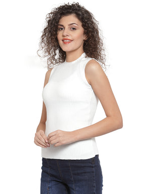 Women White Sleeveless Slim Fit Skivvy