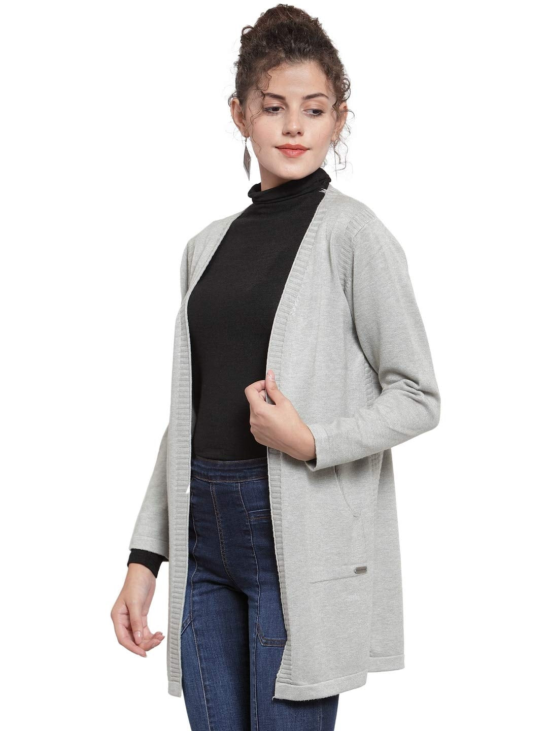 Women Grey Solid Open Front Straight Fit Shrug