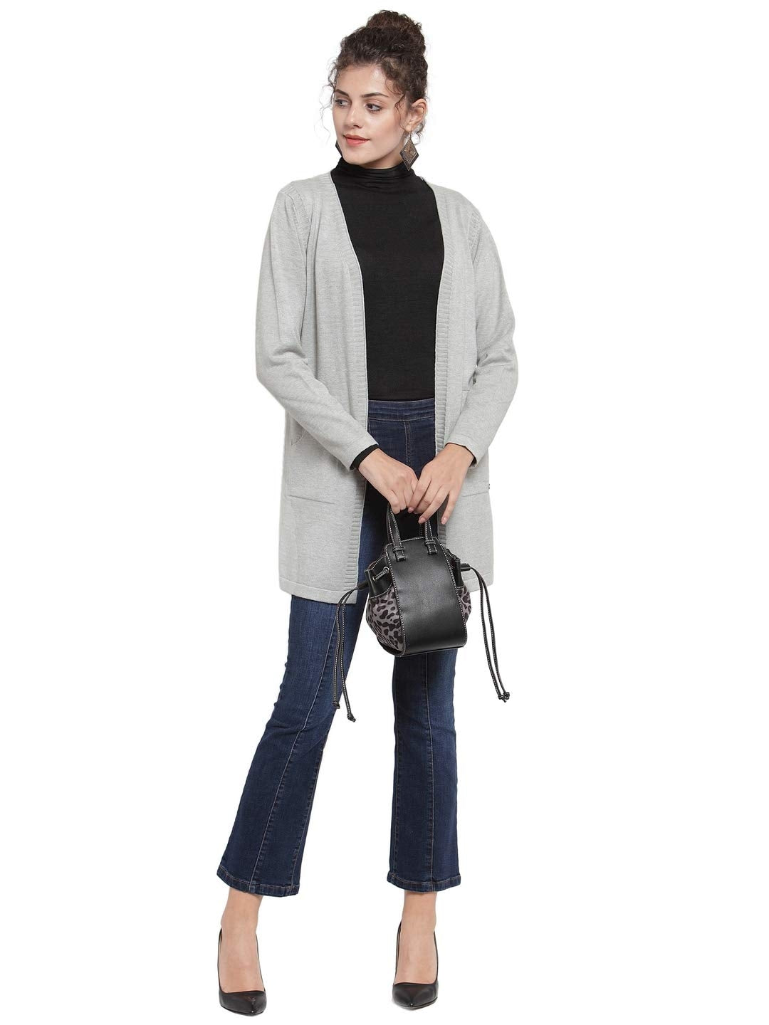 Women Grey Solid Open Front Straight Fit Shrug