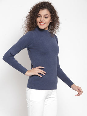 Women Blue Turtle Neck Slim Fit Skivvy