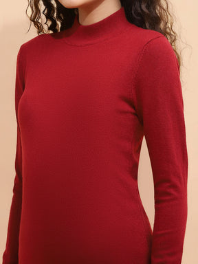 Women Wine Turtle Neck Full Sleeve Snug Fit Skivvy