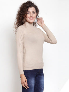 Women Beige Turtle Neck Slim Fit Skivvy