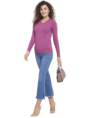 Women Mauve V-Neck Full Sleeve Skivvy