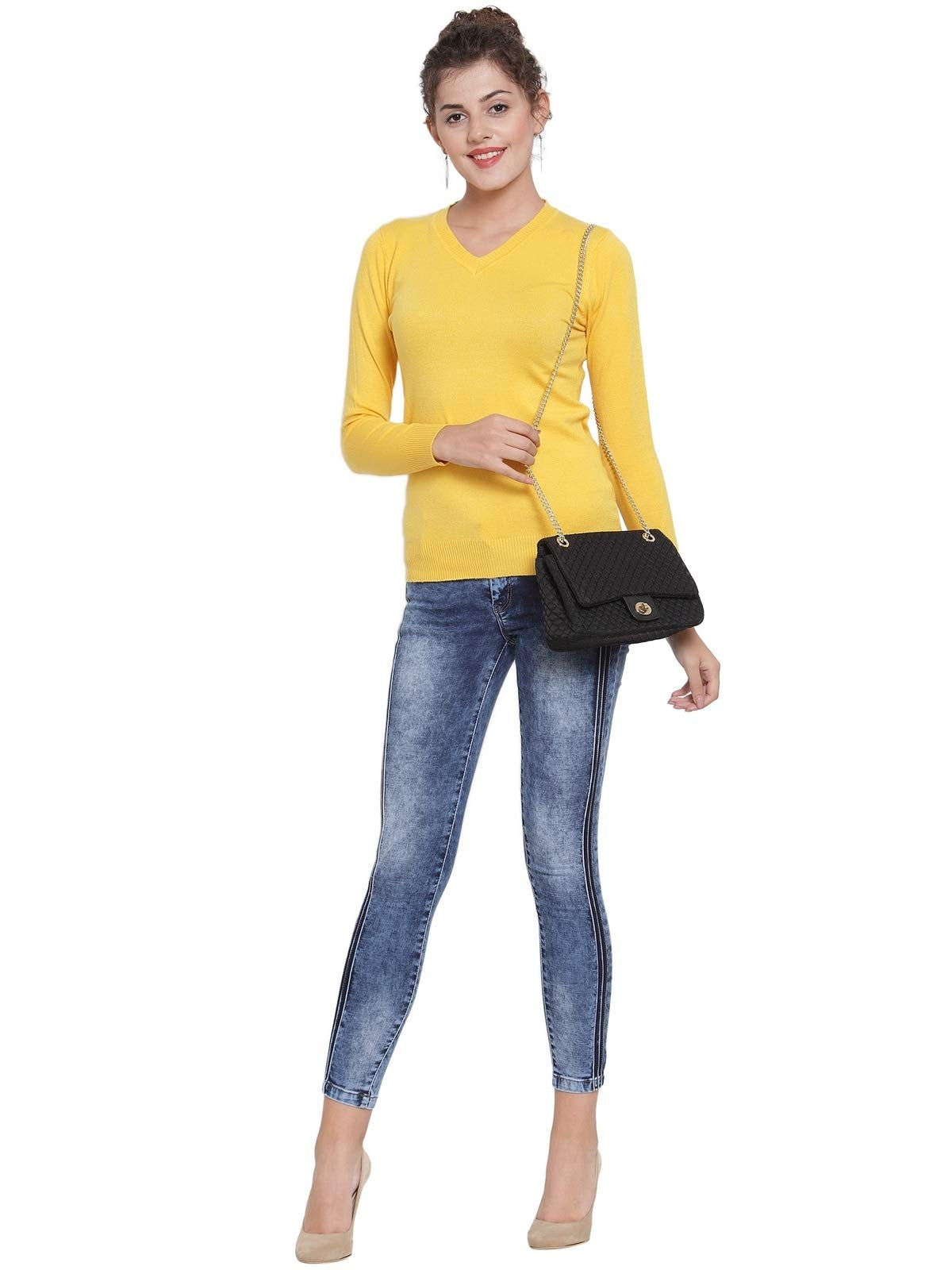 Women Dark Mustard V-Neck Slim Fit Skivvy