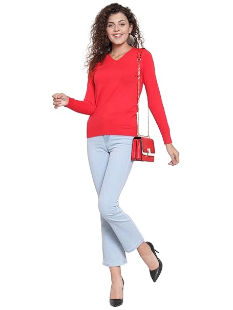 Women Red V-Neck Slim Fit Skivvy