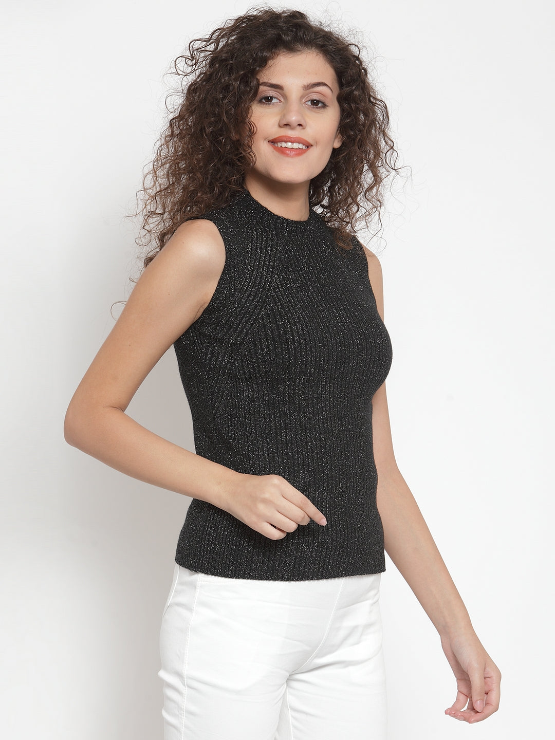 Women Black & Silver Slim Fit Cropped Skivvy