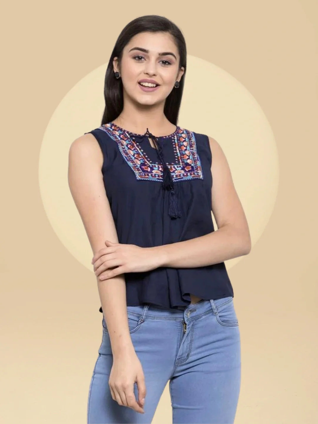 Women Embroidered Navy Blue Tie-Up Neck Top