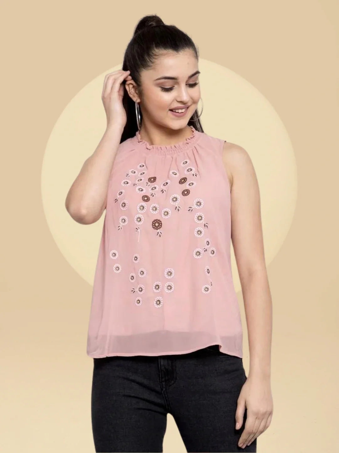 Women Embroidered Pink Round Smocked Neck Top