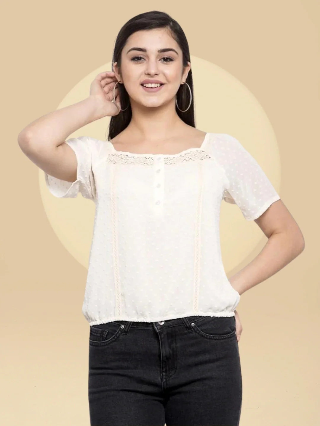 Women Beige Sheer Top With Crochet Detail